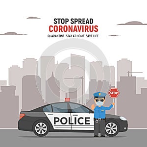 Policeman in face mask with sign Stop. Block traffic in city. Coronavirus. Quarantine.