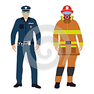 Policeman and Fireman cartoon icon. Service 911.