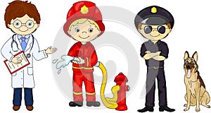 Policeman, fireman and doctor in their uniform