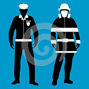 Policeman and Fireman flat icon. Service 911. Vector illustration.