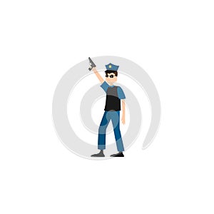 Policeman makes a warning shot. Raster illustration isolated on white background