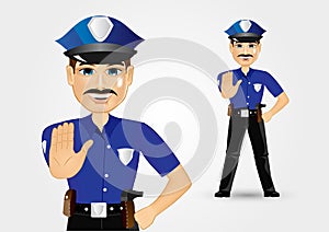 Policeman with mustache showing stop gesture