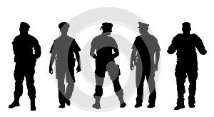 Policeman officer on duty vector silhouette isolated on white background. Police man in uniform in patrol on street.