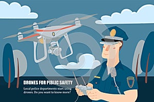 Policeman operating drone with remote controller