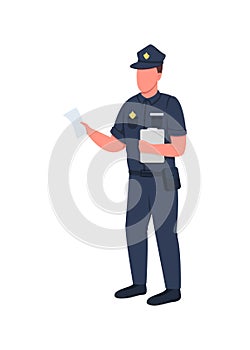 Policeman with penalty ticket flat color vector faceless character