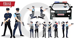 Policeman and police car vector character set. Law enforcers characters holding gun with various postures