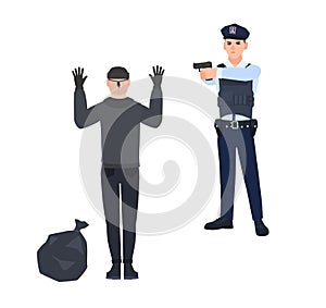 Policeman in police uniform pointing gun at robber or burglar. Cop arresting thief standing with hands up. Detention of