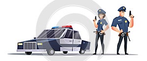 Policeman and police woman officers holding guns beside police car illustration