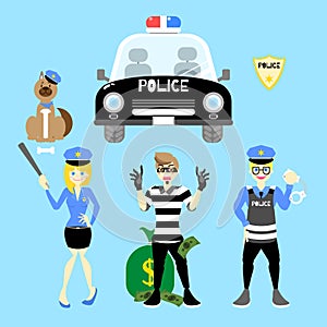 policeman and policewoman with car, thief, dog in blue background