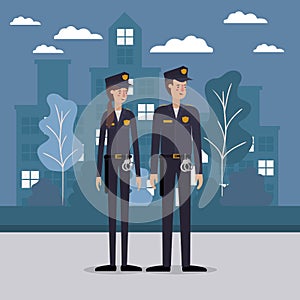 Policeman and policewoman at the city vector design