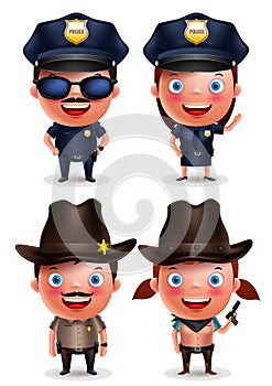 Policeman, policewoman, sheriff and cowgirl vector characters set photo