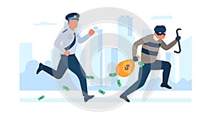 Policeman in pursuit of robber. Thief with money bag running away from police officer. Burglar steals cash. Bandit