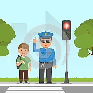 Policeman shows and explains the highway code for student. Pedestrian traffic light. Traffic at the crossroads.