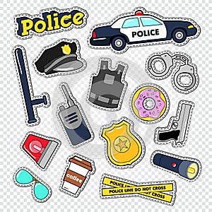 Policeman Stickers and Badges Set with Police Car, Gun and Handcuffs