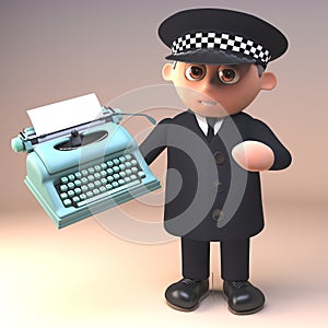 Policeman in uniform character in 3d holding an old typewriter, 3d illustration