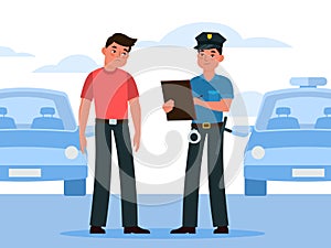 Policeman write fine. Police officer in uniform writing penalty to automobile driver intruder, violation on road or