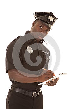 Policeman writing ticket serious