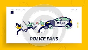 Policemen Pursuit Robber on Duty Landing Page Template. Police Officer Characters at Catching Up Thieves in Mask