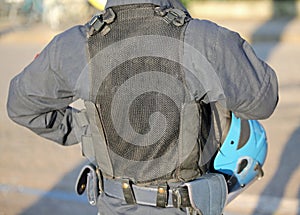 Policemen in riot gear outside a stadium