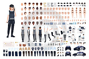 Policewoman animation set or DIY kit. Bundle of female police officer body parts, faces, hairstyles, uniform, clothing