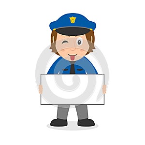 Policewoman Character with Blank Banner