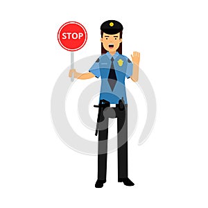 Policewoman character in a blue uniform showing Stop road sign Illustration