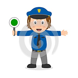 Policewoman Character with Signaling Disk