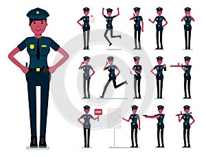 Policewoman character vector design. Female african police officer. Vector cartoon flat design illustration isolated on