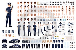 Policewoman constructor or DIY kit. Collection of female police officer body parts, facial expressions, hairstyles