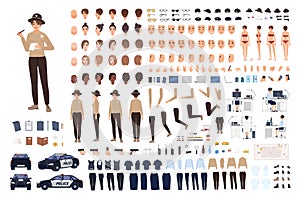 Policewoman constructor set or animation kit. Collection of female police officer body parts, gestures, postures photo