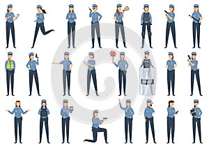 Policewoman icons set cartoon . Cop hat