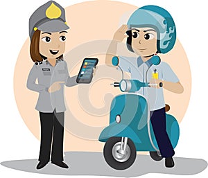 a policewoman and a man riding a blue motorbike scooter