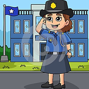 Policewoman Salute Colored Cartoon Illustration