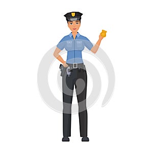 Policewoman shows police badge