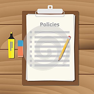 Policies policy document checklist list with clipboard paper pencil