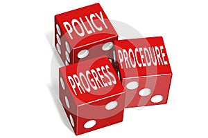 Policy, progress and procedure word on red dices