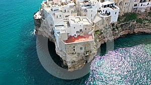 Polignano a Mare, aerial view in front of the sea. Apulia, Italy.