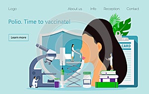 Polio vaccination vector. Time to vaccinate. Medical illustration syringe with vaccine, bottle for website, apps. Tiny doctor