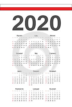 Polish 2020 year vector calendar