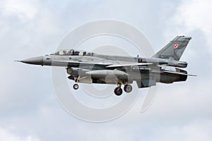 Polish Air Force Lockheed Martin F-16D Fighting Falcon 4086 fighter jet arrival and landing at Leeuwarden Air Base for Frisian