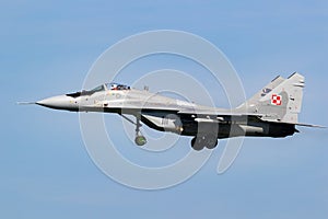 Polish Air Force MiG-29 Fulcrum fighter jet on final approach at Leeuwarden Air Base. Leeuwarden, The Netherlands - April 19, 2018
