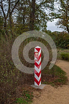 Polish border pillar in Muskau & x28;Muzakowski& x29; Park on German-Polish border