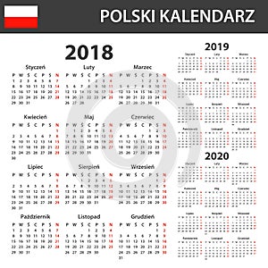 Polish Calendar for 2018, 2019 and 2020. Scheduler, agenda or diary template. Week starts on Monday