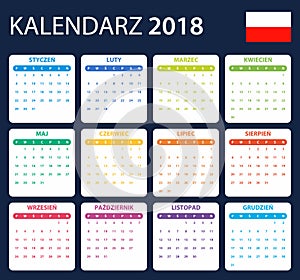 Polish Calendar for 2018. Scheduler, agenda or diary template. Week starts on Monday