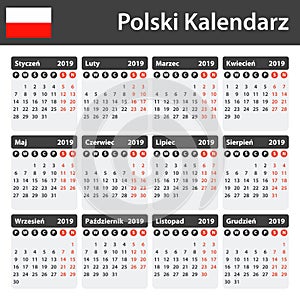 Polish Calendar for 2019. Scheduler, agenda or diary template. Week starts on Monday