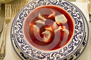 Polish christmas red beet soup with dumplings