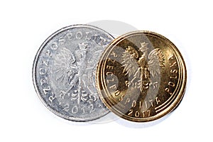 Polish coins of different denominations isolated on a white background. Lots of Polish cent coins. Macro photos of coins.