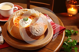 Polish cuisine with a delectable soup served in a freshly baked bread loaf.