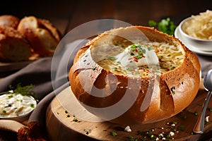 Polish cuisine with a delectable soup served in a freshly baked bread loaf.