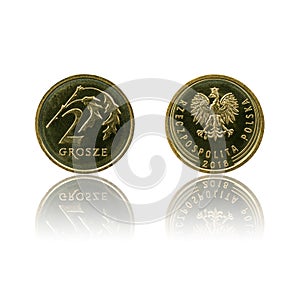Polish currency 2gr coin isolated on white background with reflection